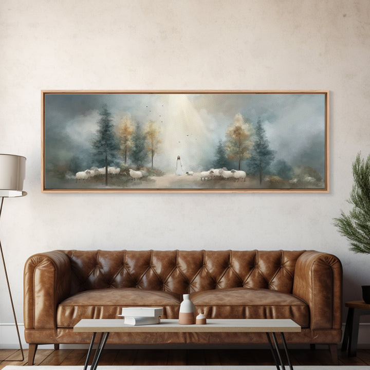 Light Of The Shepherd, Framed Canvas Print, Panoramic Wall Art, Christian Art Canvas, Jesus Painting, Christian Christmas Art, Christian Ar
