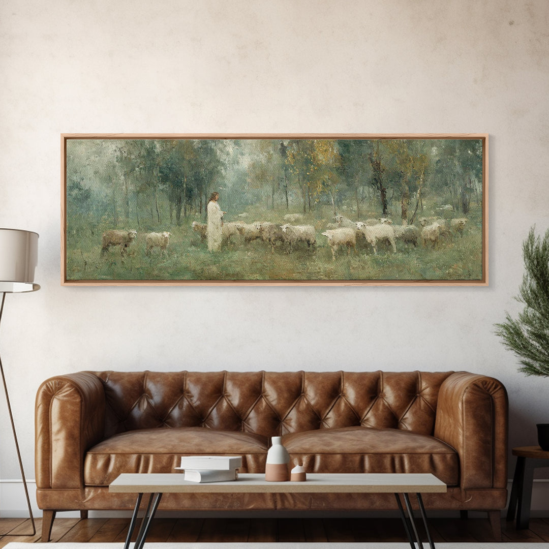 Forest Flock Devotion | Framed Canvas Print | Panoramic Art | Christian Painting | Jesus Canvas Art | Christian Wall Art | Christian Art Gi