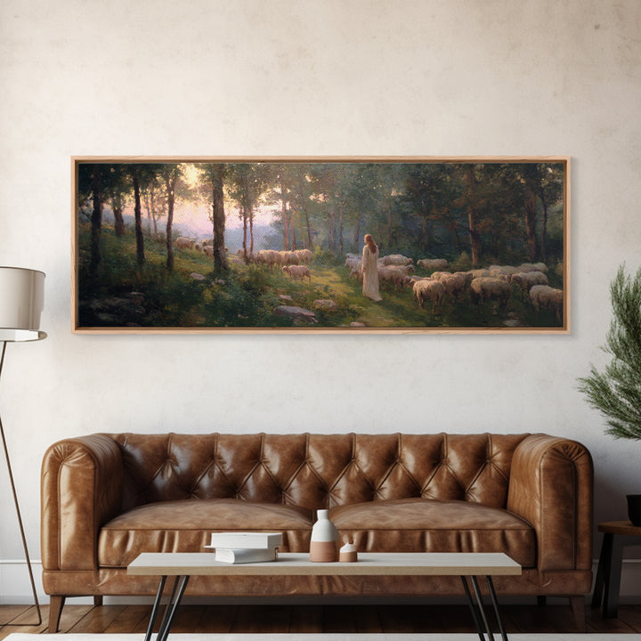 Light Of The Meadow, Framed Canvas Print, Christian Wall Art, Christian Art Canvas, Jesus Painting, Panoramic Painting, Christian Decor