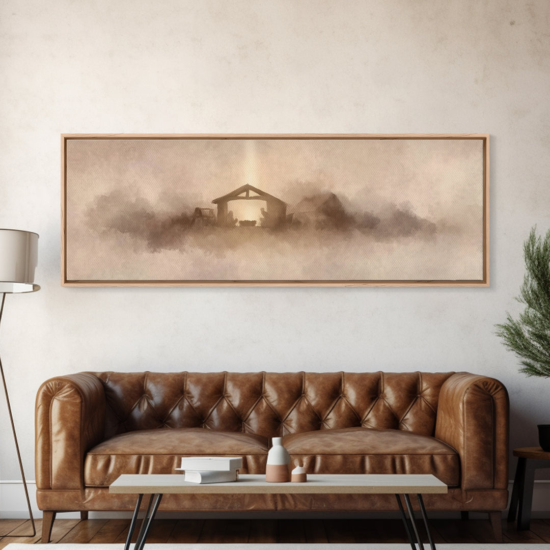 Holy Stable Glow, Framed Canvas Print, Panoramic Wall Art, Christian Art Canvas, Christmas Art, Christian Wall Art, Christian Christmas