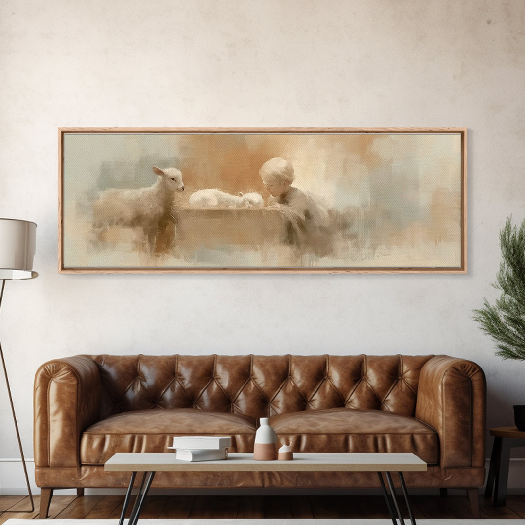 Shepherd’s Quiet Adore | Framed Canvas Print | Panoramic Wall Art | Christian Art Canvas | Christmas Art | Christian Decor | Christian Pain