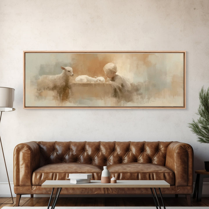 Shepherd’s Quiet Adore | Framed Canvas Print | Panoramic Wall Art | Christian Art Canvas | Christmas Art | Christian Decor | Christian Pain