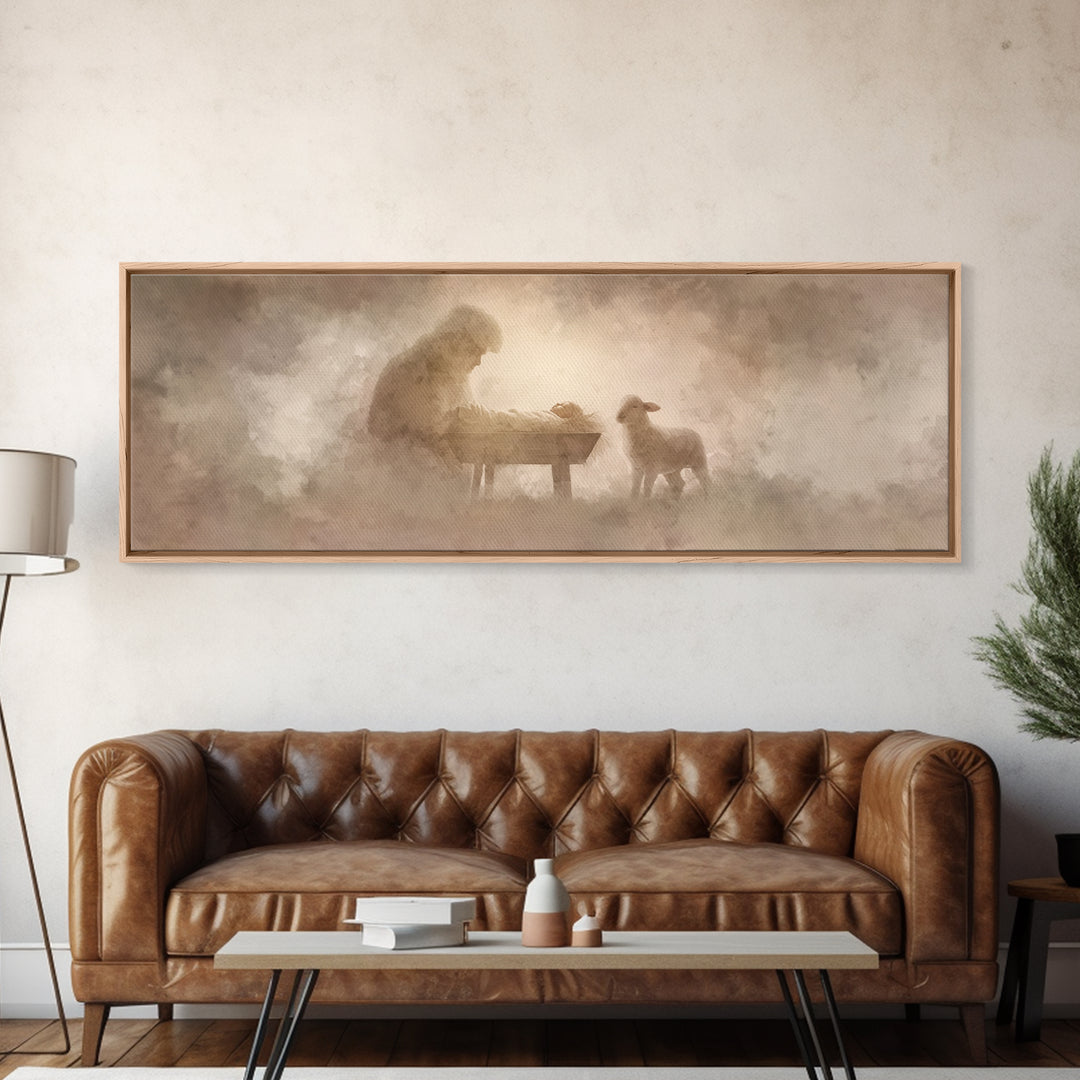Tender Lamb Joy – Framed Canvas Print – Panoramic Print – Christian Art Canvas – Christian Wall Art – Christmas Art – Christian Christmas A