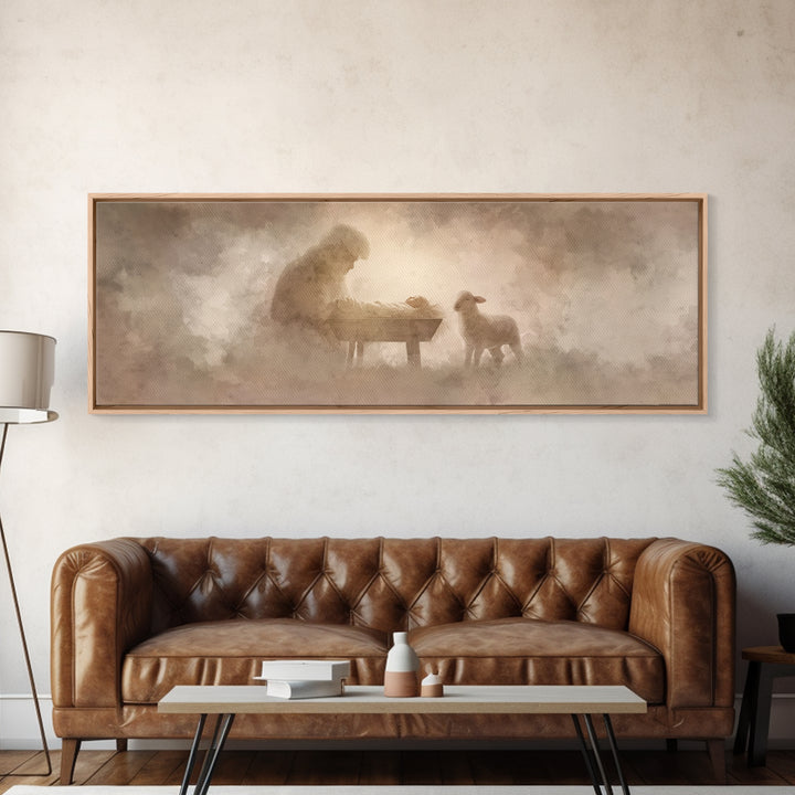 Tender Lamb Joy – Framed Canvas Print – Panoramic Print – Christian Art Canvas – Christian Wall Art – Christmas Art – Christian Christmas A