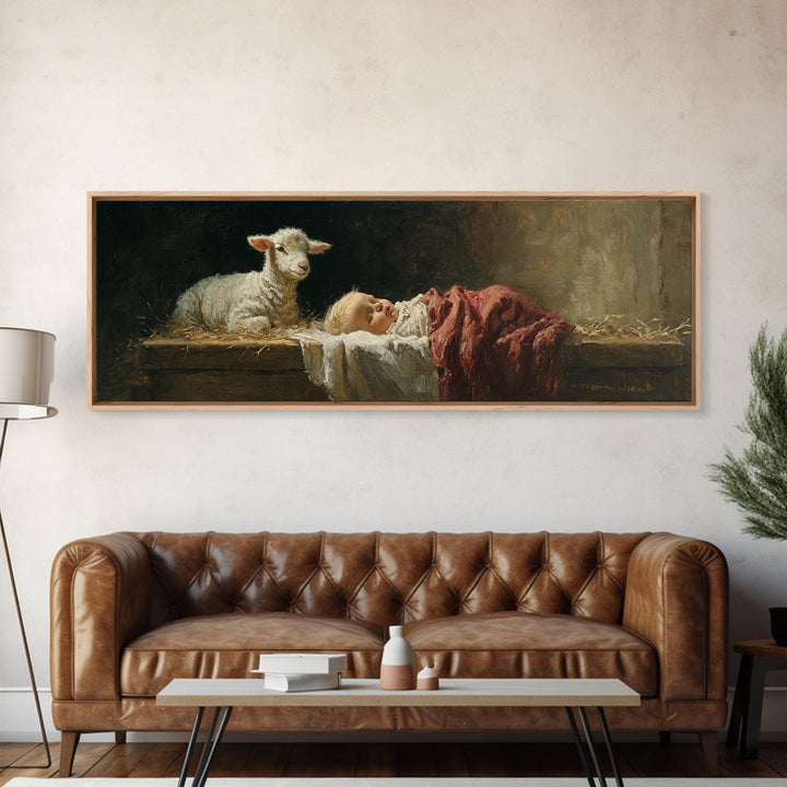 Holy Manger Light – Framed Canvas Print – Christian Wall Art – Jesus Painting – Panoramic Art – Christian Christmas Art