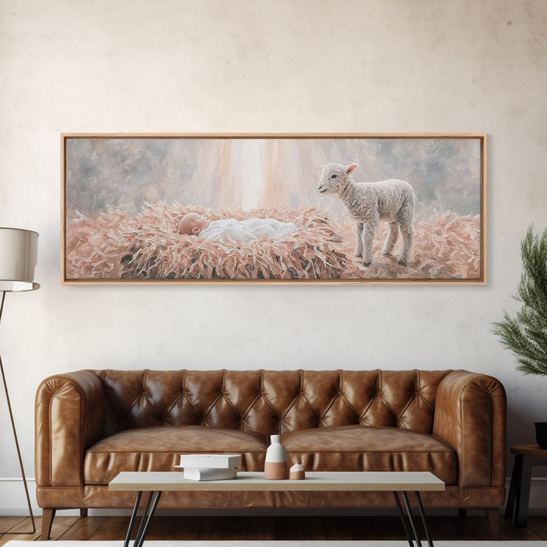 Gentle Nativity Peace, Framed Canvas Print, Christian Christmas Art, Panoramic Wall Art, Christian Wall Art, Jesus Painting