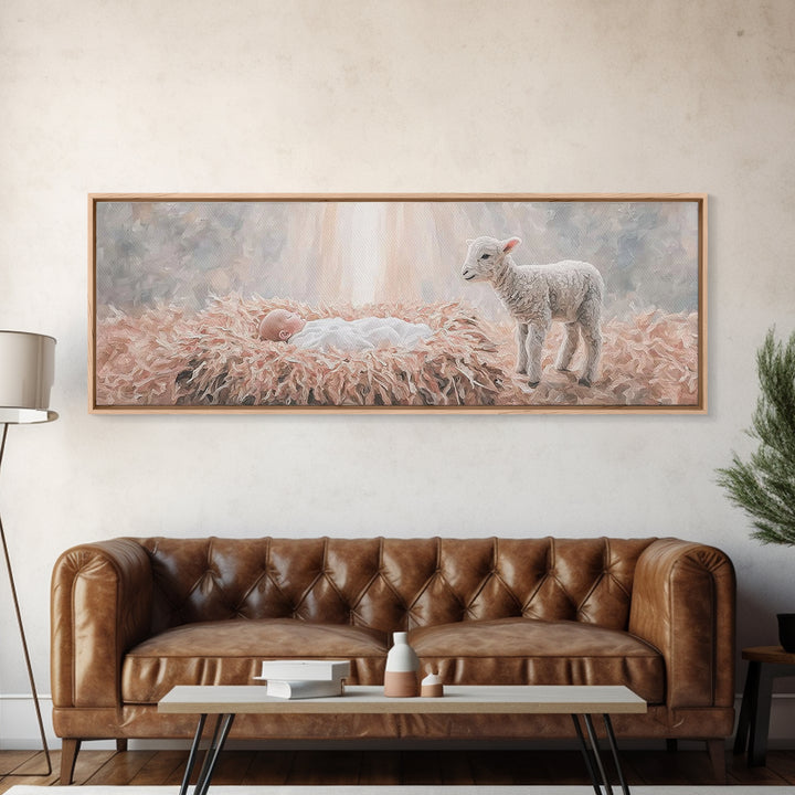 Gentle Nativity Peace, Framed Canvas Print, Christian Christmas Art, Panoramic Wall Art, Christian Wall Art, Jesus Painting
