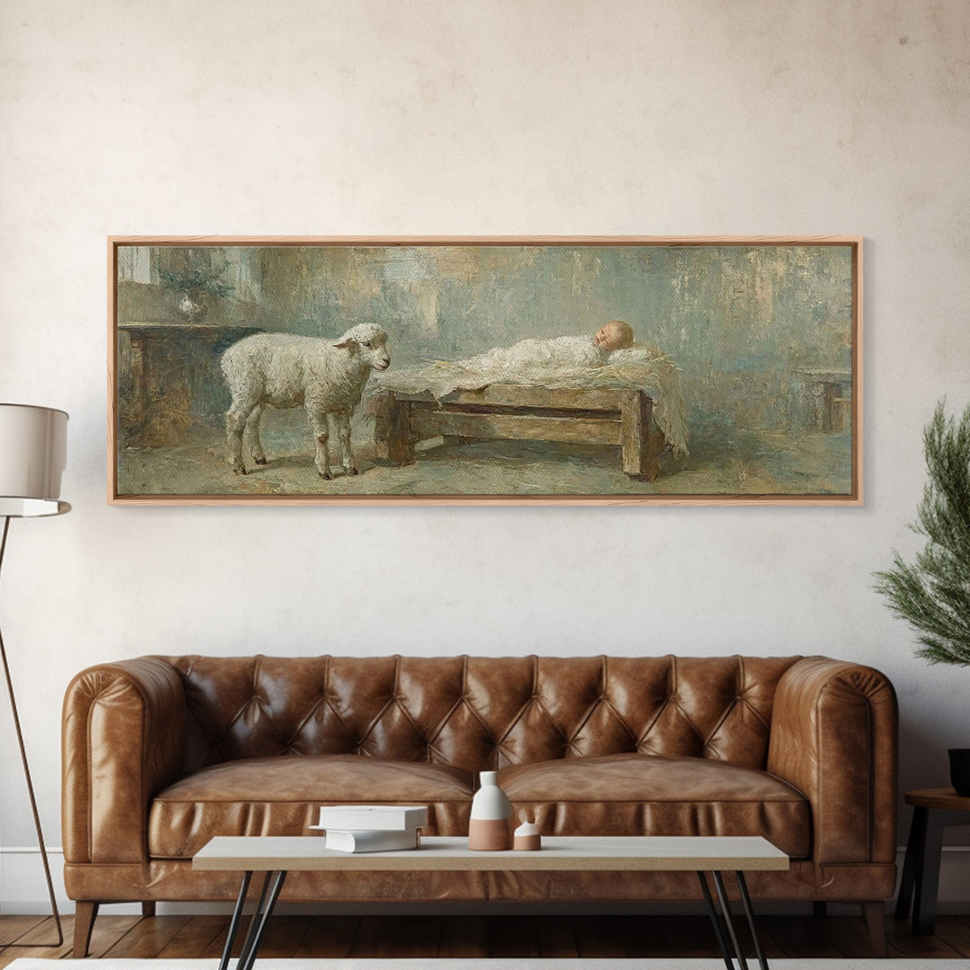 Lamb Of Promise, Framed Canvas Print, Christmas Wall Art, Panoramic Art, Christian Art Canvas, Christian Christmas Art