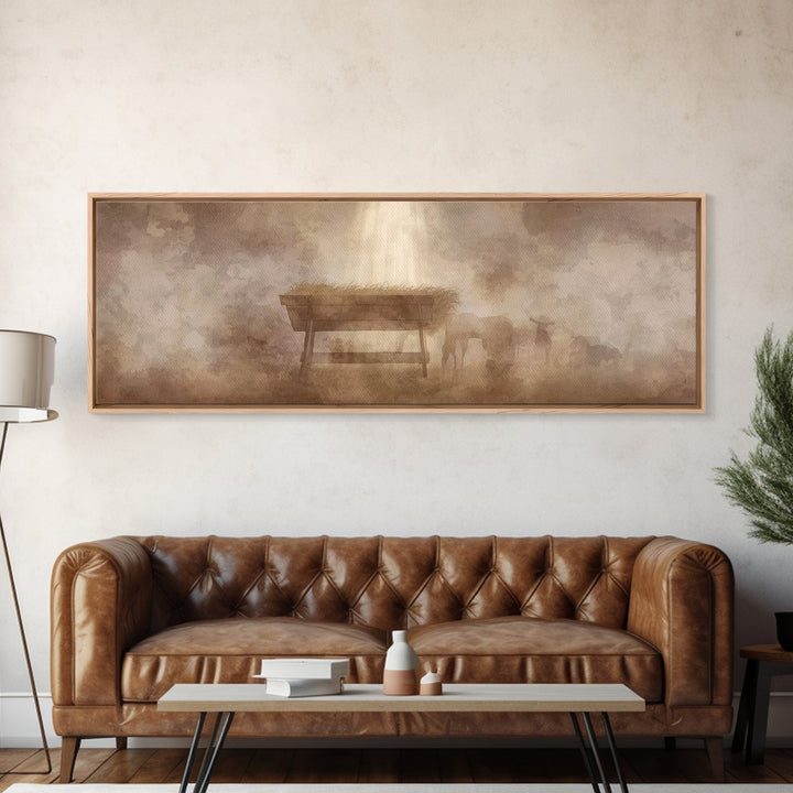 Shepherds At Peace, Framed Canvas Print, Panoramic Painting, Christian Art Canvas, Christian Wall Art, Christmas Art, Subtle Christian Art