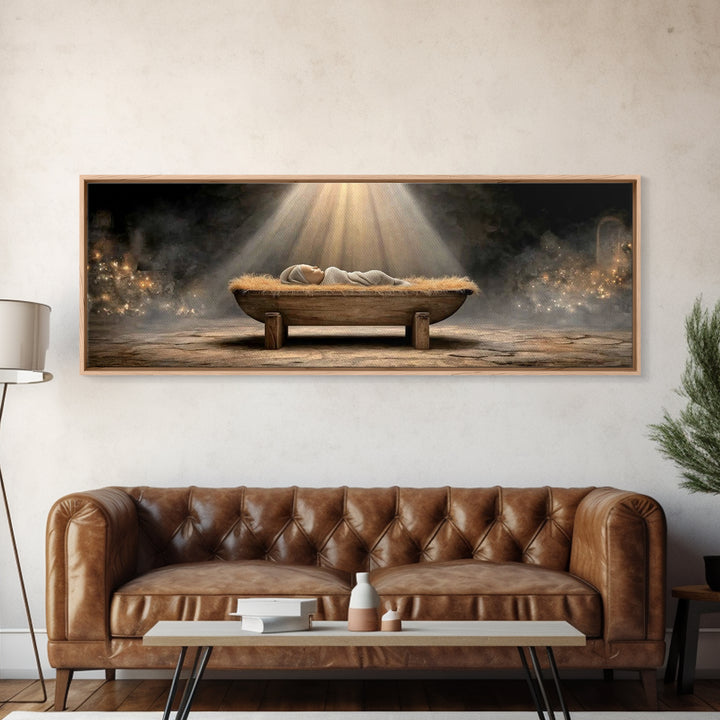 Holy Nativity Light, Framed Canvas Print, Panoramic Painting, Christmas Art, Christian Christmas Art, Jesus Christmas Art, Framed Christmas