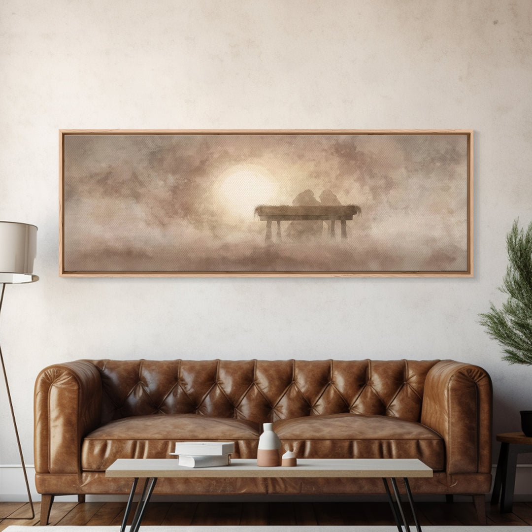 Manger In The Mist | Framed Canvas Print | Panoramic Wall Art | Christian Christmas Art | Christmas Canvas Wall Art | Christian Art Canvas