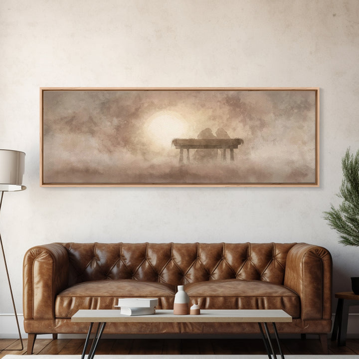 Manger In The Mist | Framed Canvas Print | Panoramic Wall Art | Christian Christmas Art | Christmas Canvas Wall Art | Christian Art Canvas