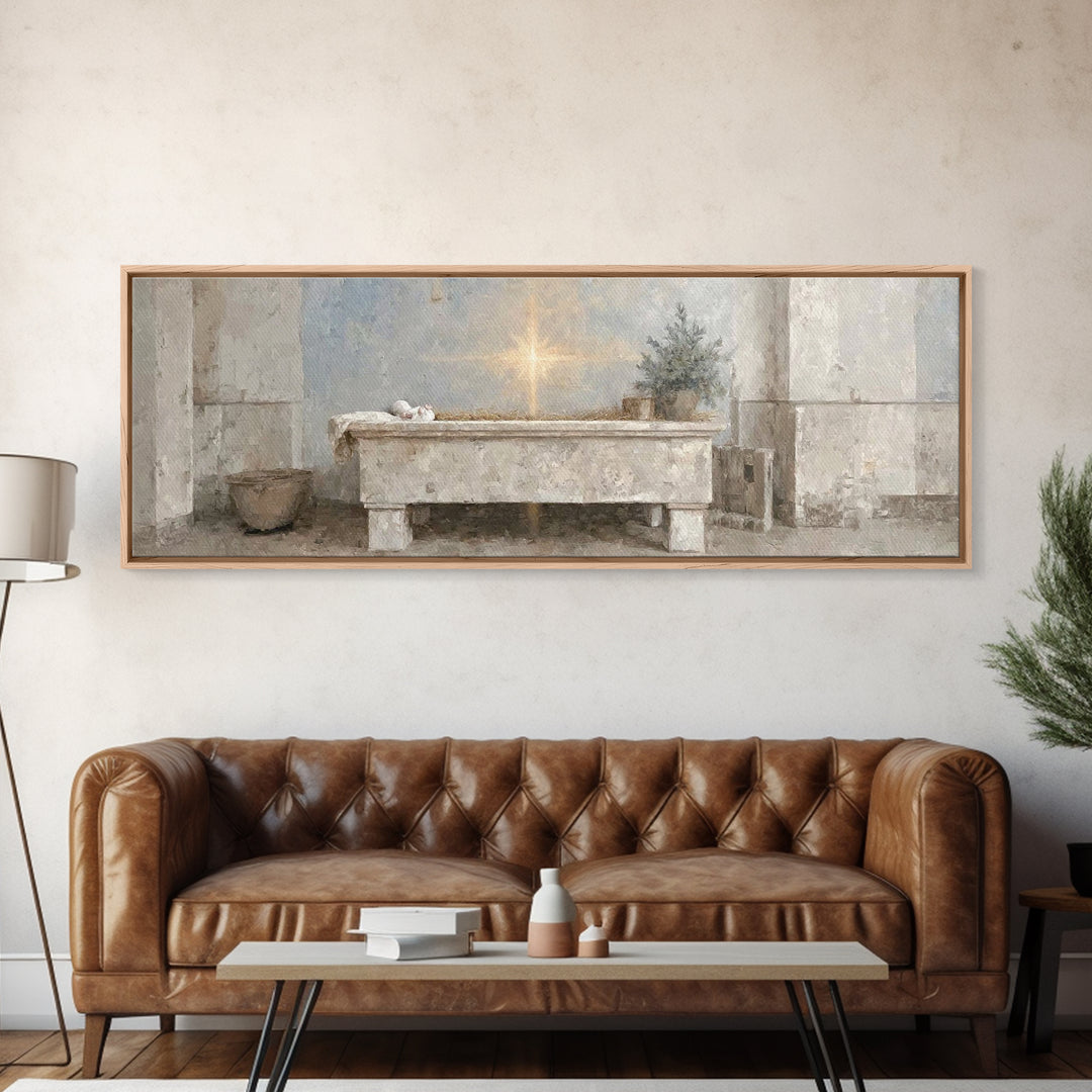 Guiding Manger Light – Framed Canvas Print – Christian Wall Art – Christmas Art – Christian Art Canvas – Panoramic Art – Jesus Painting – C