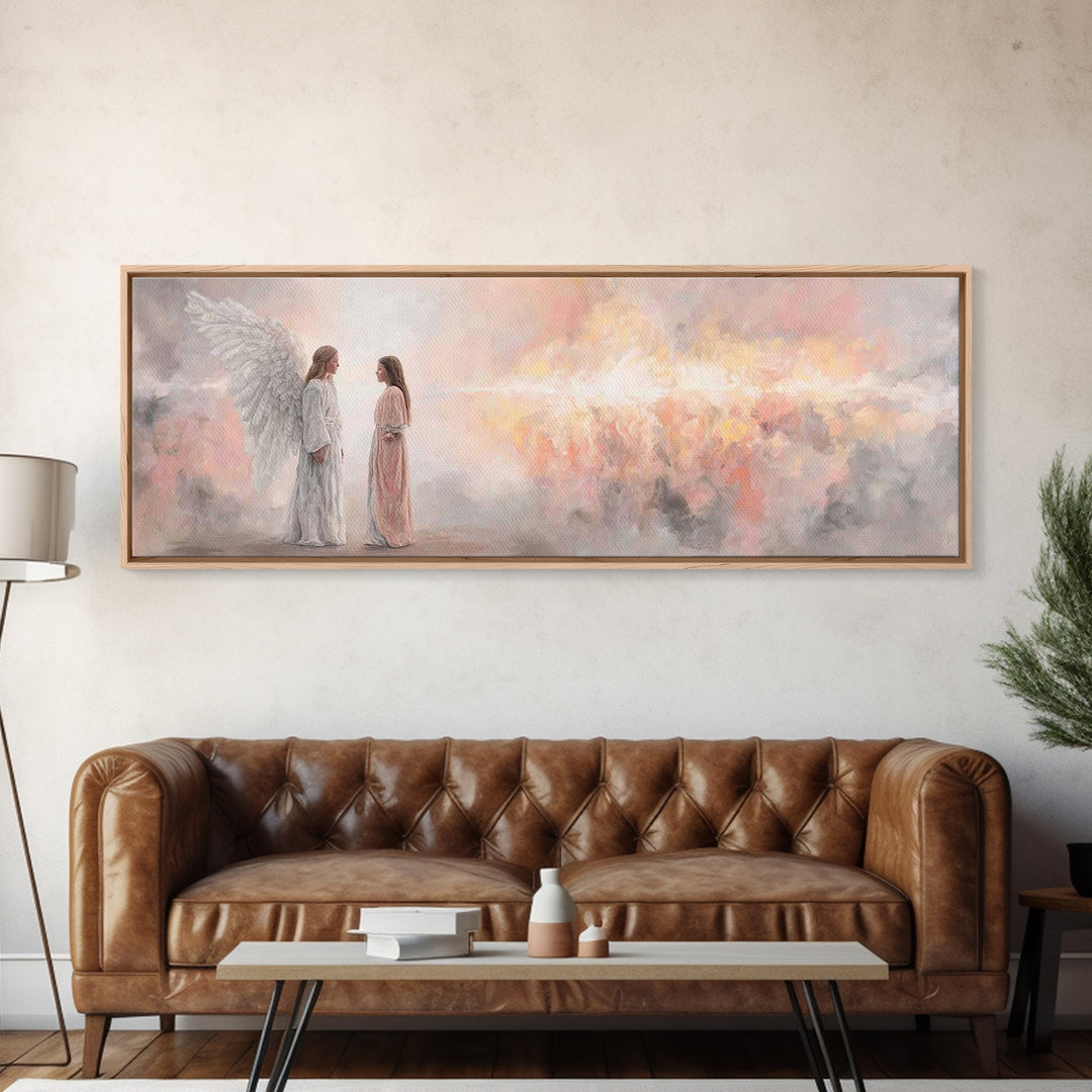 Angelic Dawn Message – Framed Canvas Print – Christian Art – Christian Wall Art – Panoramic Painting – Christmas Art – Christian Art Canvas