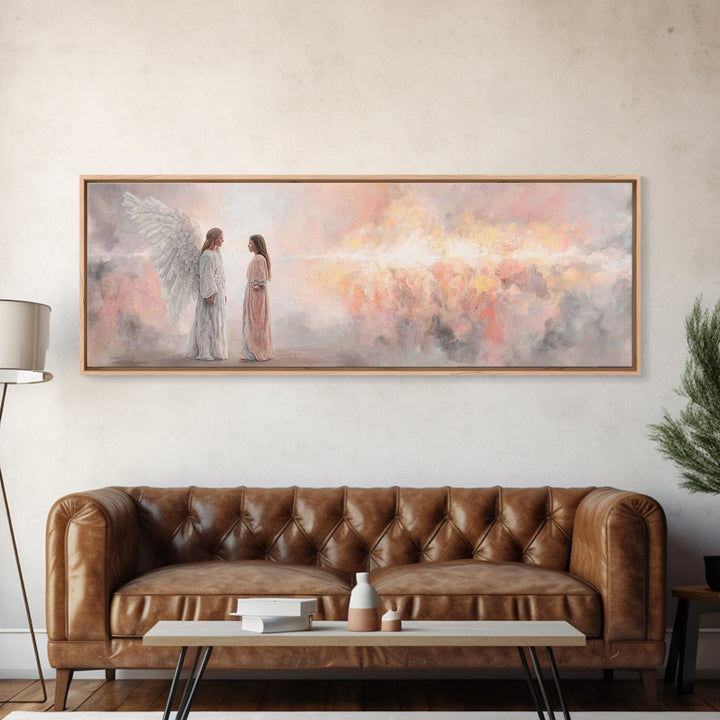 Angelic Dawn Message – Framed Canvas Print – Christian Art – Christian Wall Art – Panoramic Painting – Christmas Art – Christian Art Canvas