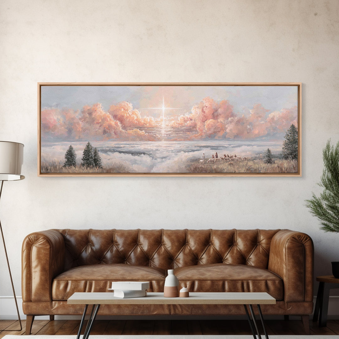 Shepherds Of Light - Framed Canvas Print - Christian Art Canvas - Panoramic Wall Art - Christmas Art - Jesus Painting - Christian Wall Art