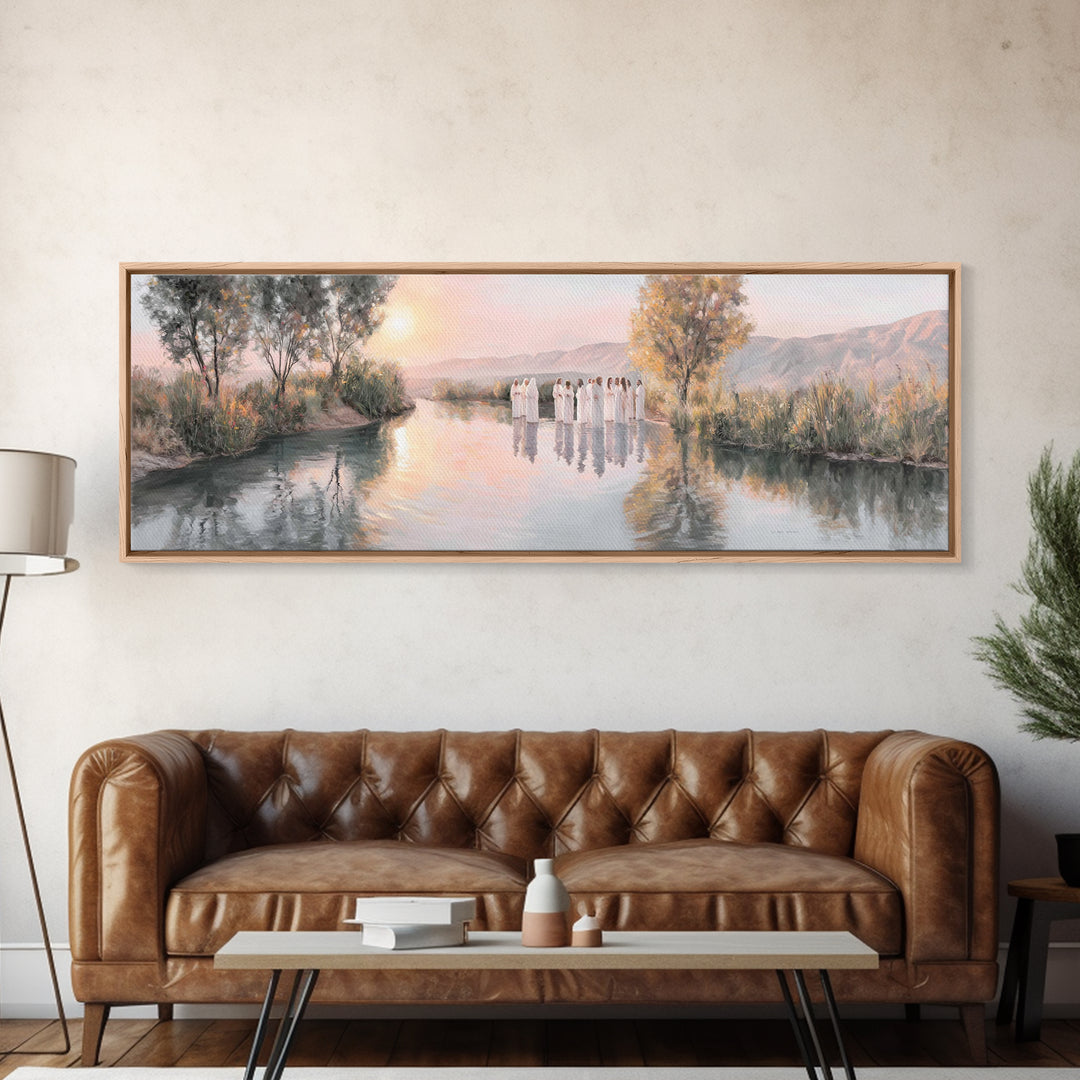 River Dawn Communion, Framed Canvas Print, Christian Wall Art, Christian Art Canvas, Jesus Painting, Panoramic Art