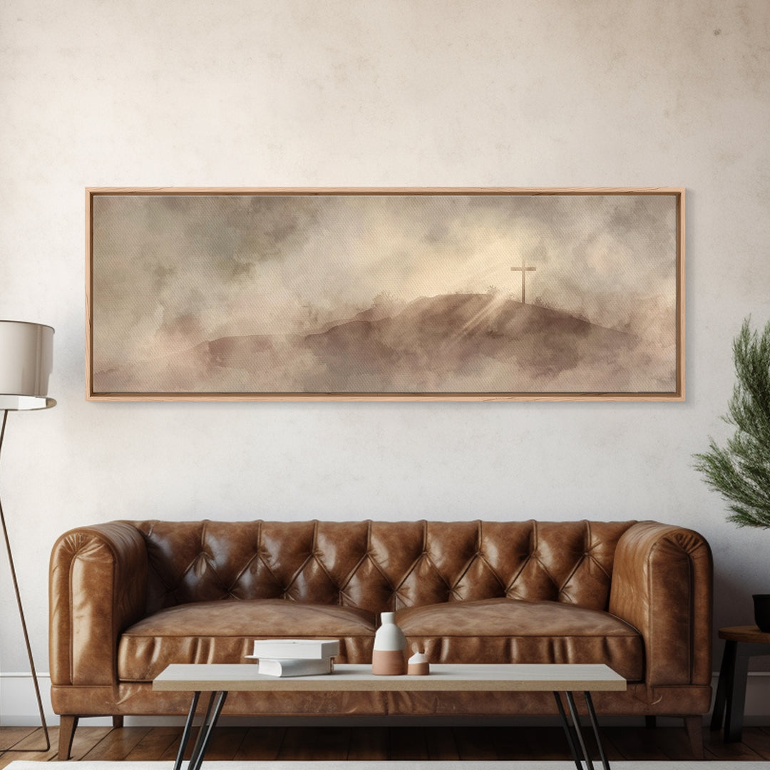 Hilltop Cross Light – Framed Canvas Print – Christian Wall Art – Christian Art Canvas – Panoramic Wall Art – Christian Decor