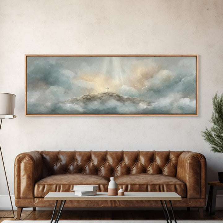 Heavenly Summit Glow | Framed Canvas Print | Christian Wall Art | Christian Art Canvas | Panoramic Painting | Christian Gift Ideas