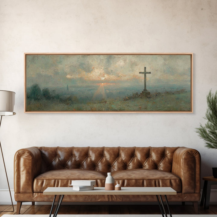 Sunset Cross Vista, Framed Canvas Print, Christian Wall Art, Christian Art Canvas, Panoramic Frame, Christian Decor