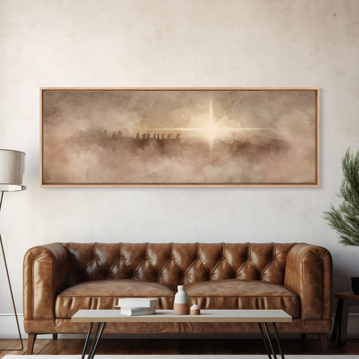 Heavenly Night Star, Framed Canvas Print, Christian Art, Panoramic Art, Christmas Wall Art, Christian Art Canvas, Jesus Painting, Christian