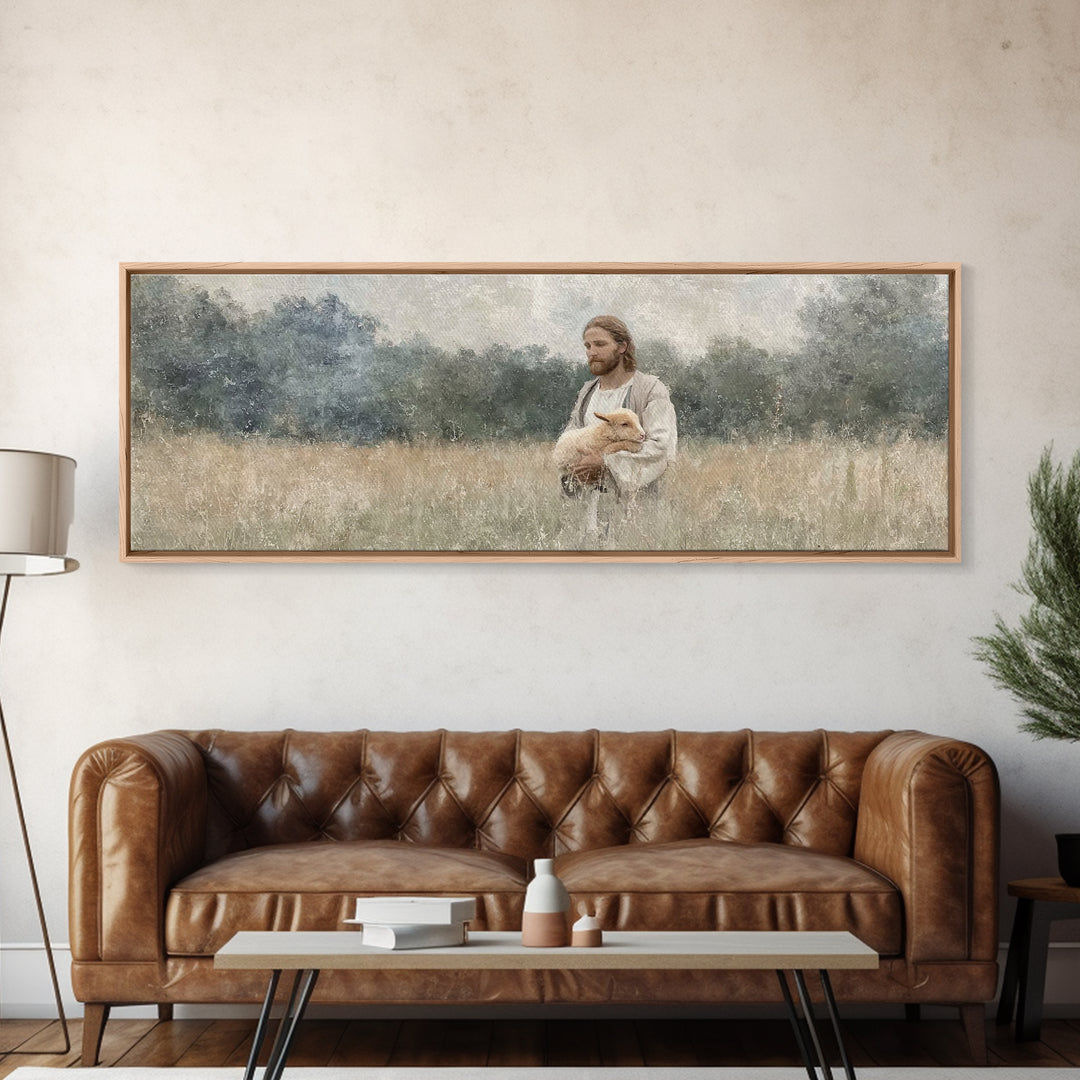 Gentle Shepherd Field, Framed Canvas Print, Christian Wall Art, Christian Art Canvas, Panoramic Art, Christian Decor