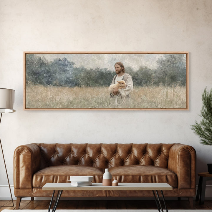 Gentle Shepherd Field, Framed Canvas Print, Christian Wall Art, Christian Art Canvas, Panoramic Art, Christian Decor