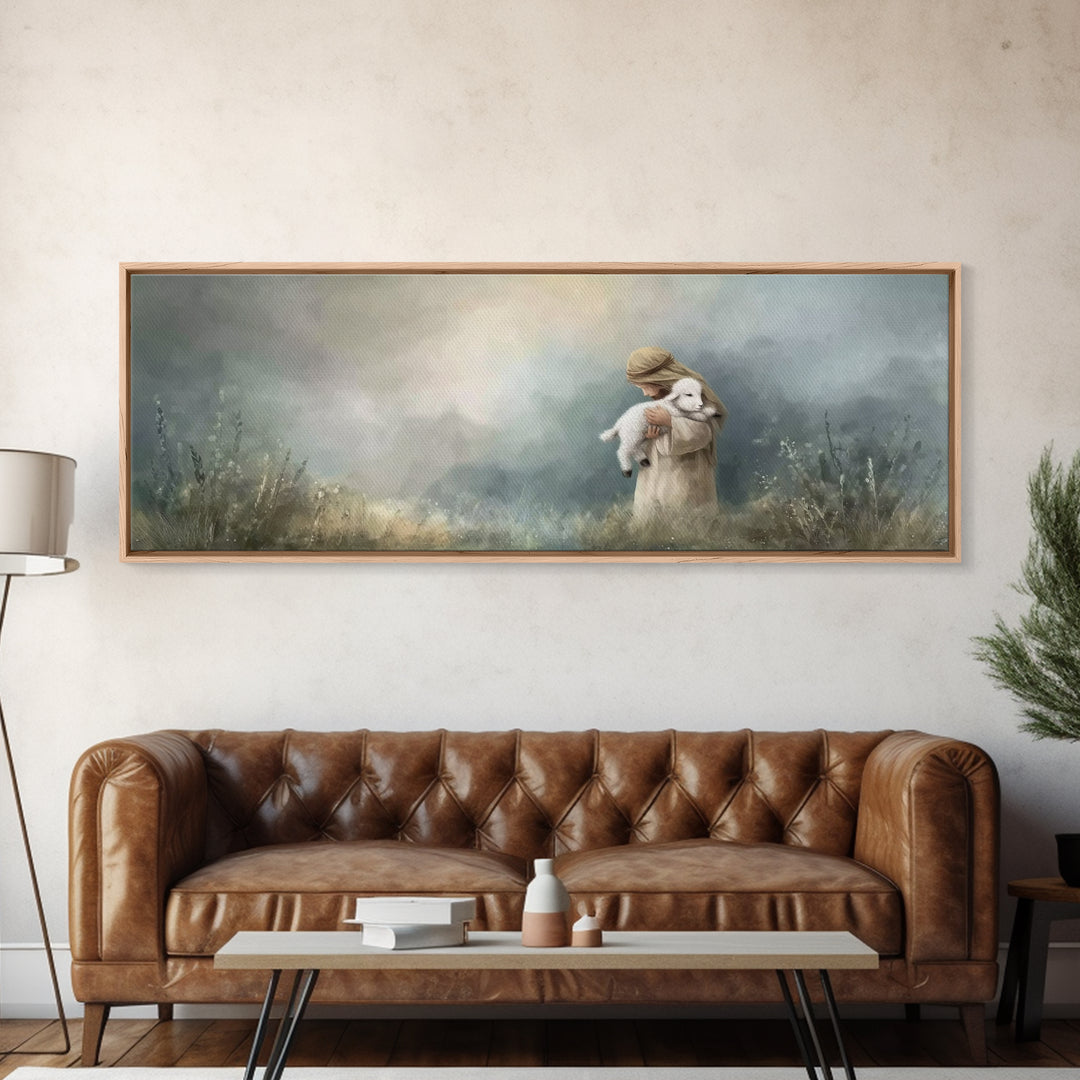 Tender Shepherd Embrace – Framed Canvas Print – Christian Wall Art – Christian Art Canvas – Jesus Painting – Panoramic Art – Christmas Art