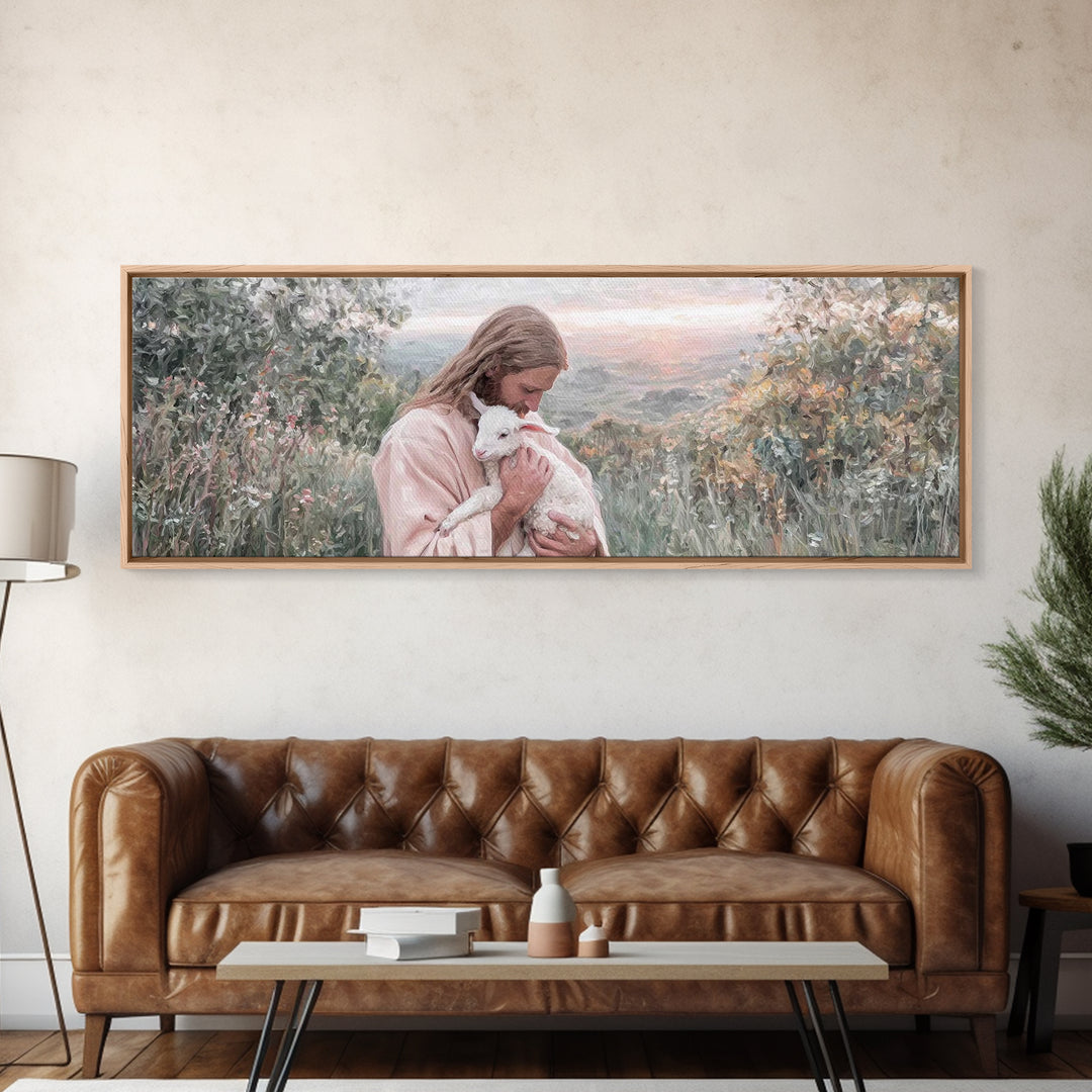 Gentle Pasture Peace, Framed Canvas Print, Christian Christmas Art, Christian Art Canvas, Jesus Painting, Panoramic Wall Art, Christian Dec