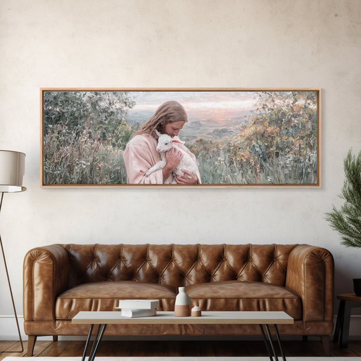 Gentle Pasture Peace, Framed Canvas Print, Christian Christmas Art, Christian Art Canvas, Jesus Painting, Panoramic Wall Art, Christian Dec