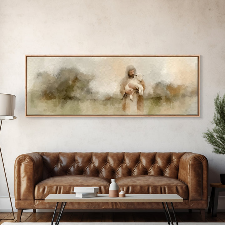 Warm Meadow Mercy | Framed Canvas Print | Christian Wall Art | Jesus Painting | Christian Art Canvas | Panoramic Painting | Christmas Art