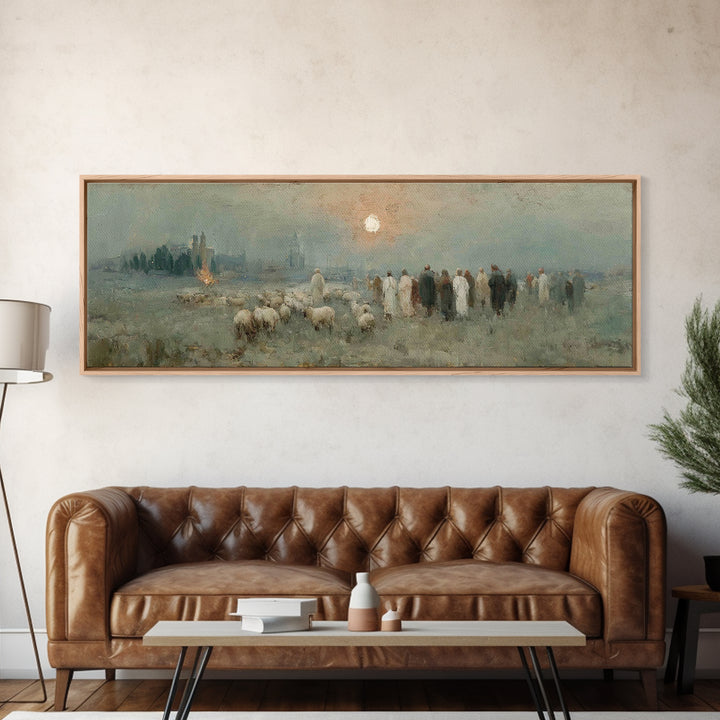 Shepherds In Stillness – Framed Canvas Print – Christian Art Canvas – Panoramic Frame – Christian Christmas Art – Jesus Painting – Christia