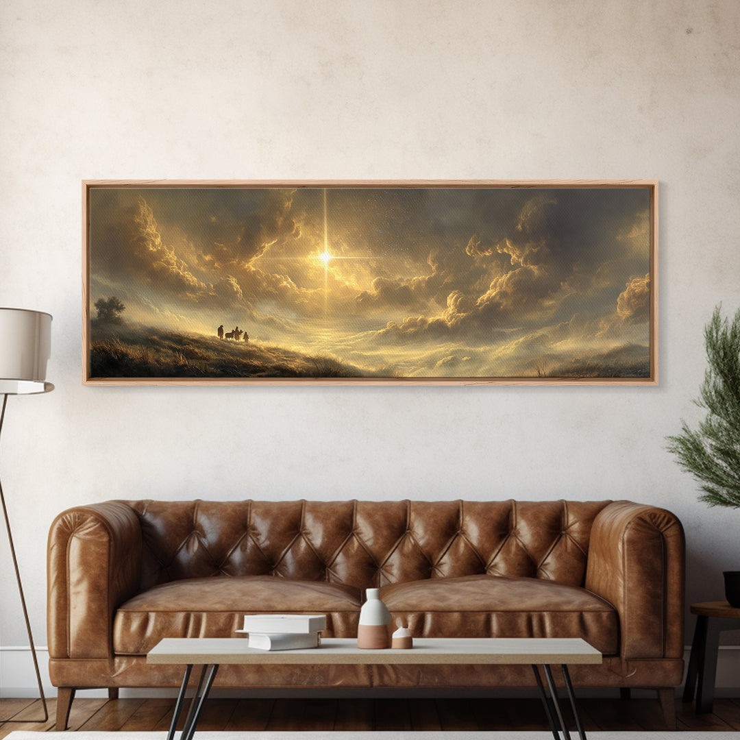 Golden Promise Sky | Framed Canvas Print | Christian Wall Art | Panoramic Wall Art | Jesus Painting | Christian Art Canvas | Christmas Art