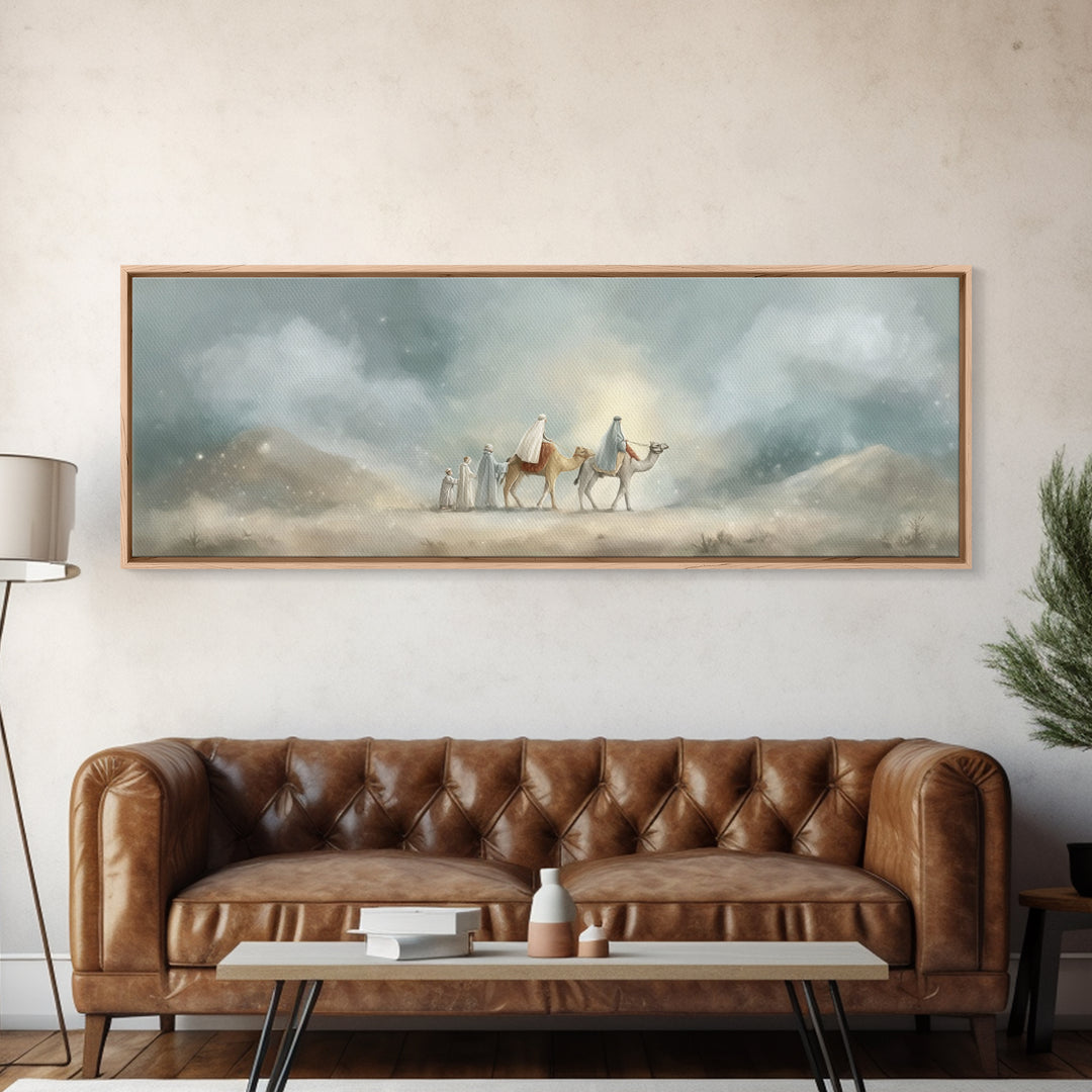 Desert Pilgrimage Light, Framed Canvas Print, Christian Wall Art, Christian Art Canvas, Panoramic Art, Christmas Art, Christian Christmas A