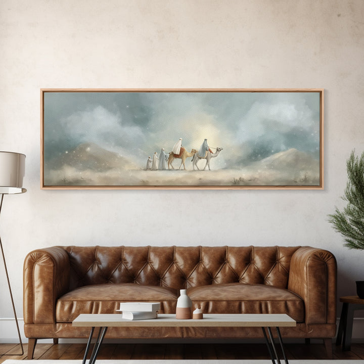 Desert Pilgrimage Light, Framed Canvas Print, Christian Wall Art, Christian Art Canvas, Panoramic Art, Christmas Art, Christian Christmas A
