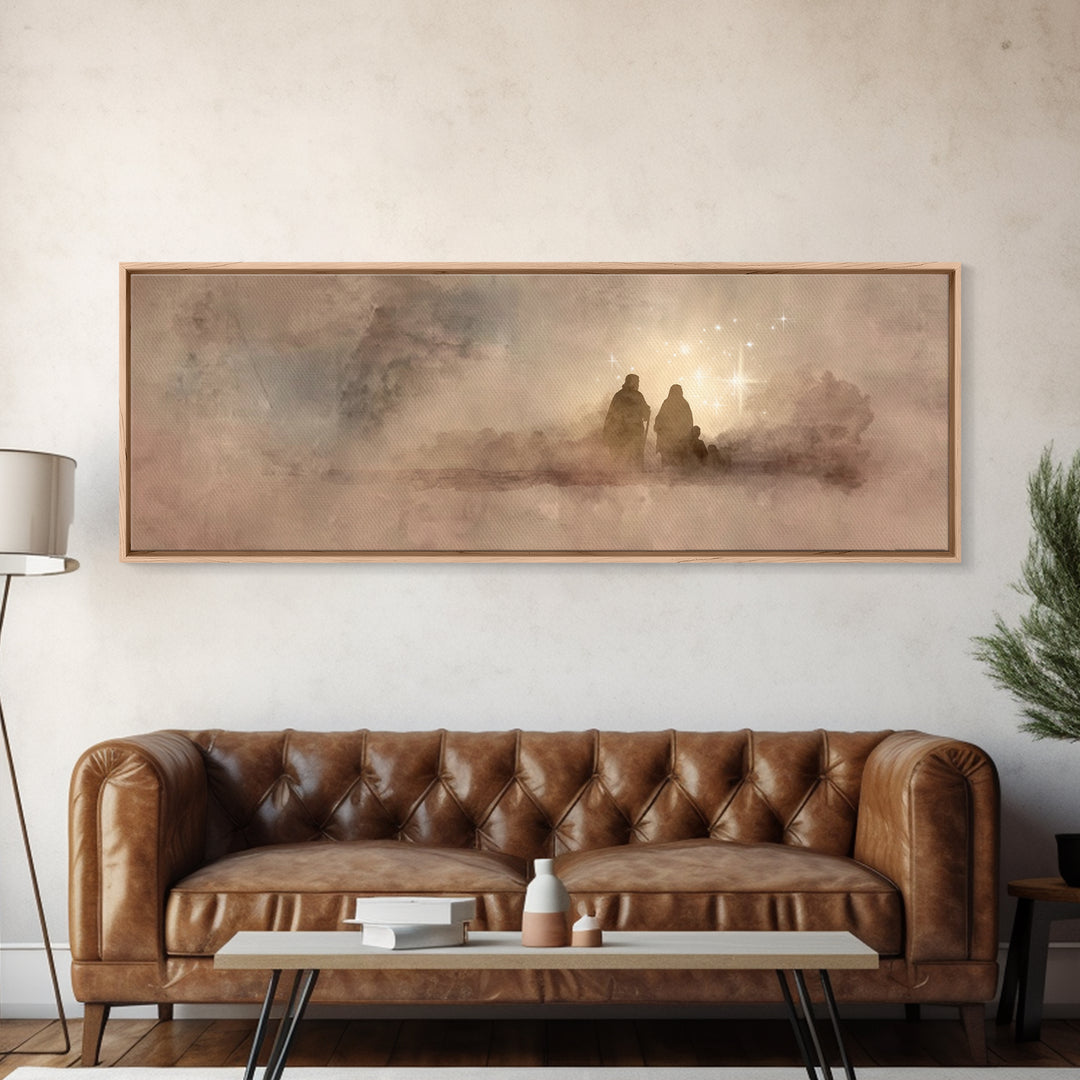 Holy Family Dawn, Framed Canvas Print, Christian Art Print, Panoramic Print, Christian Christmas Art, Christian Wall Art, Modern Christian