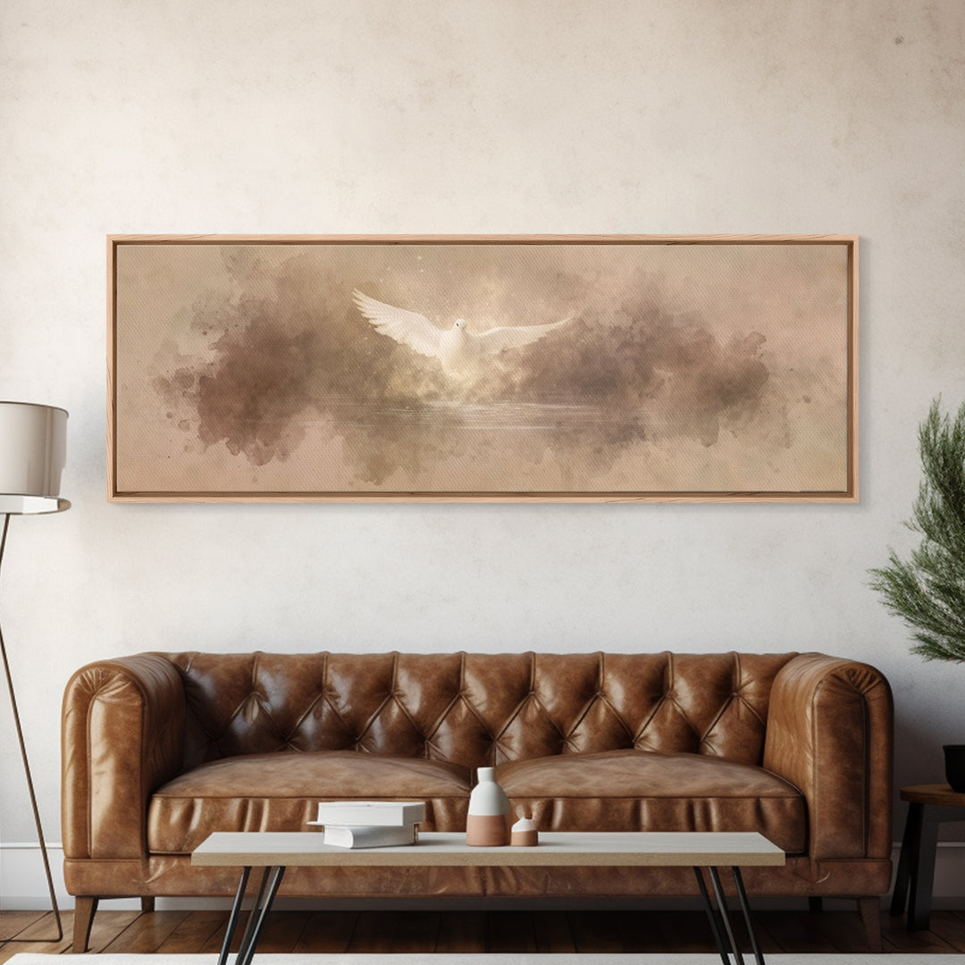 Heavenly Dove Light | Framed Canvas Print | Christian Art Canvas | Panoramic Painting | Christian Wall Art | Christmas Art | Christian Deco