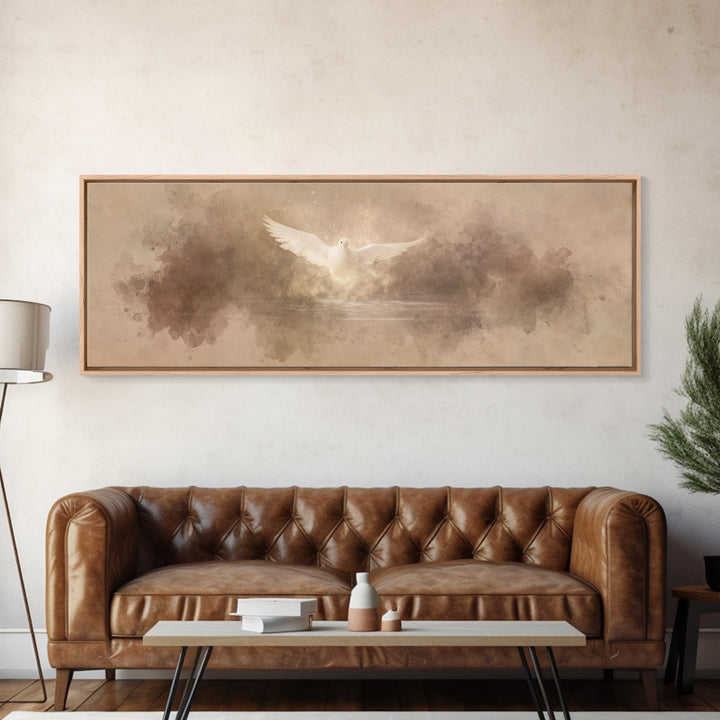 Heavenly Dove Light | Framed Canvas Print | Christian Art Canvas | Panoramic Painting | Christian Wall Art | Christmas Art | Christian Deco