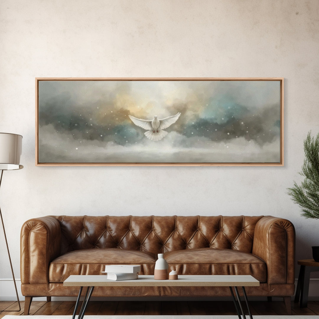 Dove Of Serenity – Framed Canvas Print – Christian Art Canvas – Panoramic Frame – Christian Wall Art – Christmas Art – Christian Art Gift