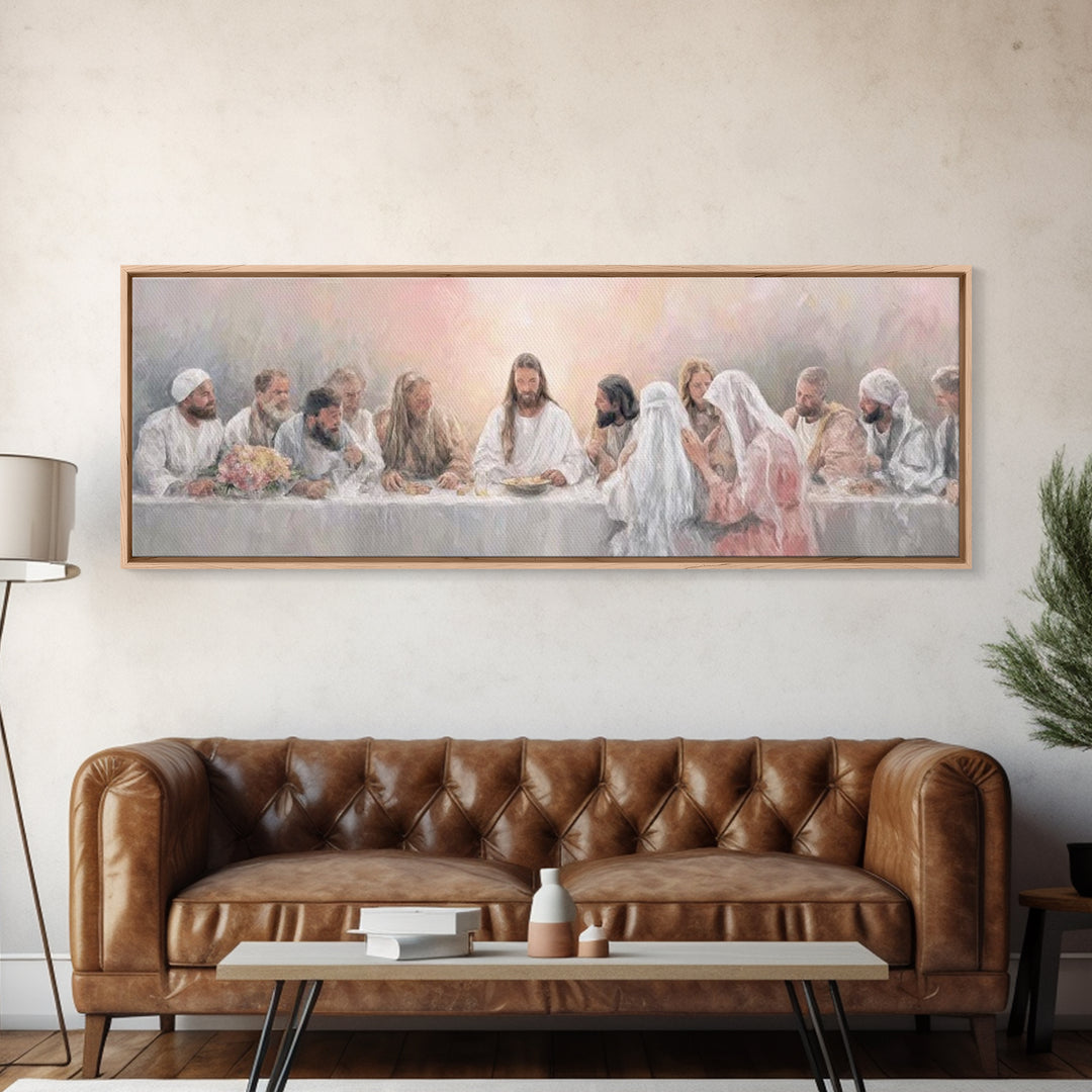 Sacred Supper Light – Framed Canvas Print – Christian Wall Art – Jesus Painting – Panoramic Art – Christian Art Canvas