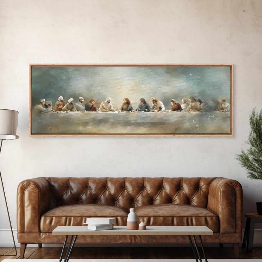 Last Table Serenity, Framed Canvas Print, Christian Art Print, Jesus Canvas Art, Panoramic Painting, Modern Christian Art