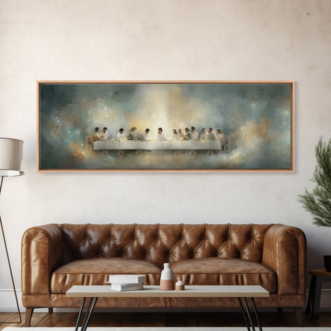 Quiet Supper Gathering | Framed Canvas Print | Christian Art Canvas | Large Jesus Painting | Panoramic Print | Christian Decor