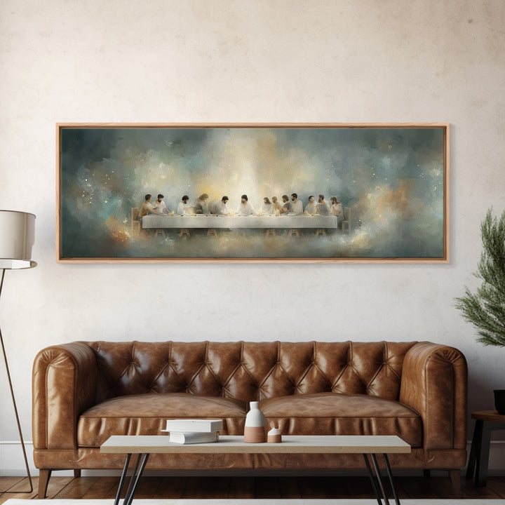 Quiet Supper Gathering | Framed Canvas Print | Christian Art Canvas | Large Jesus Painting | Panoramic Print | Christian Decor