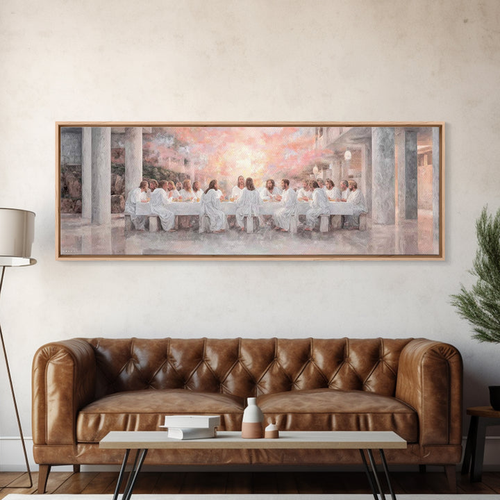Sacred Supper Reflection, Framed Canvas Print, Christian Wall Art, Jesus Painting, Panoramic Painting, Christian Art Canvas