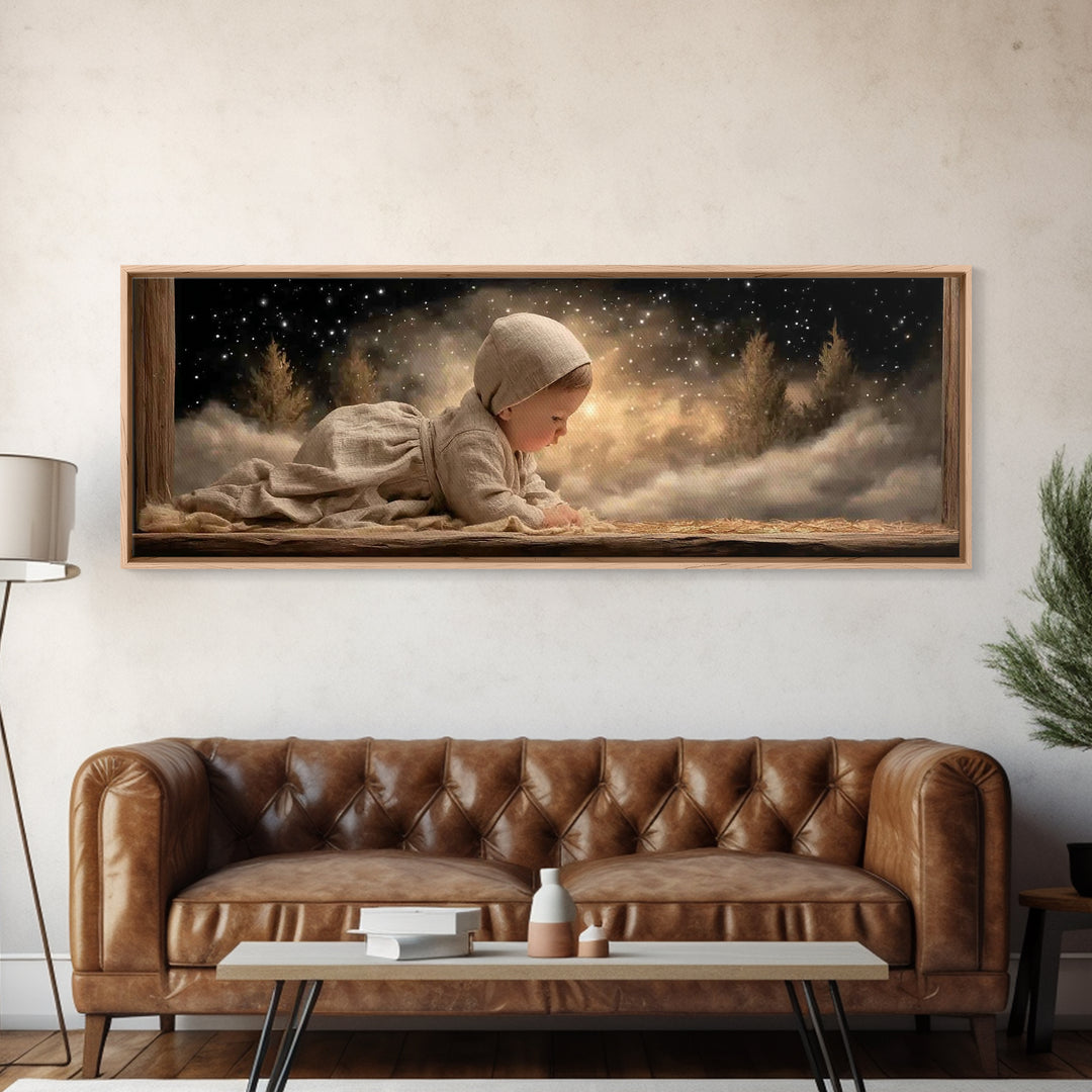 Radiant Nativity – Framed Canvas Print – Christian Christmas Art – Panoramic Frame – Christian Wall Art – Jesus Painting – Christmas Canvas