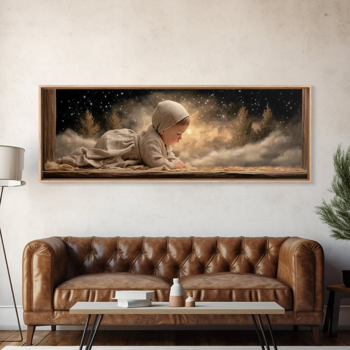 Radiant Nativity – Framed Canvas Print – Christian Christmas Art – Panoramic Frame – Christian Wall Art – Jesus Painting – Christmas Canvas