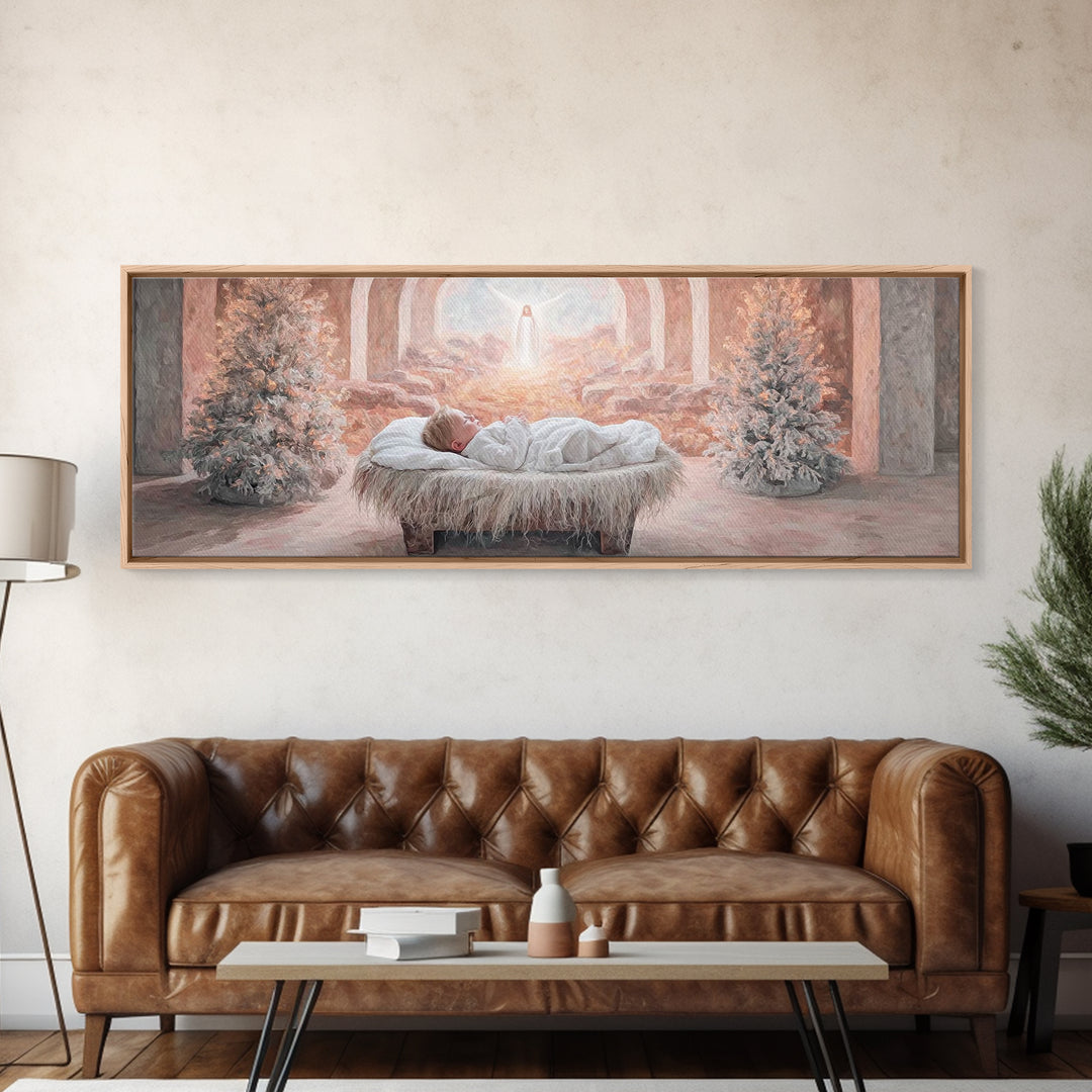 Manger Dawn Peace | Framed Canvas Print | Christian Art Canvas | Panoramic Art | Christian Christmas Art | Jesus Painting | Christian Decor