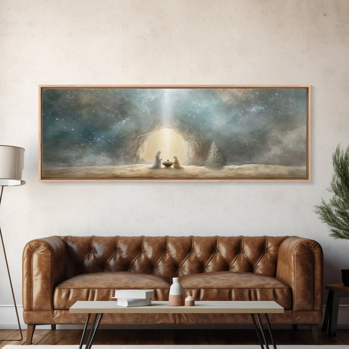 Starlit Holy Night – Framed Canvas Print – Christian Wall Art – Panoramic Art – Christian Art Canvas – Christmas Art – Jesus Christmas Art
