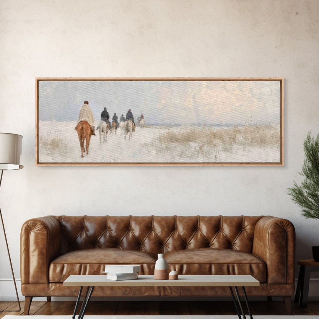 Quiet Winter Pilgrims – Framed Canvas Print – Christian Christmas Art – Panoramic Art – Christian Wall Art – Christian Art Canvas – Christm