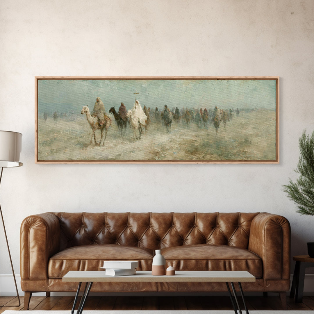 Pilgrims In Haze – Framed Canvas Print – Christian Wall Art – Panoramic Painting – Christian Art Canvas – Christmas Art – Christian Decor
